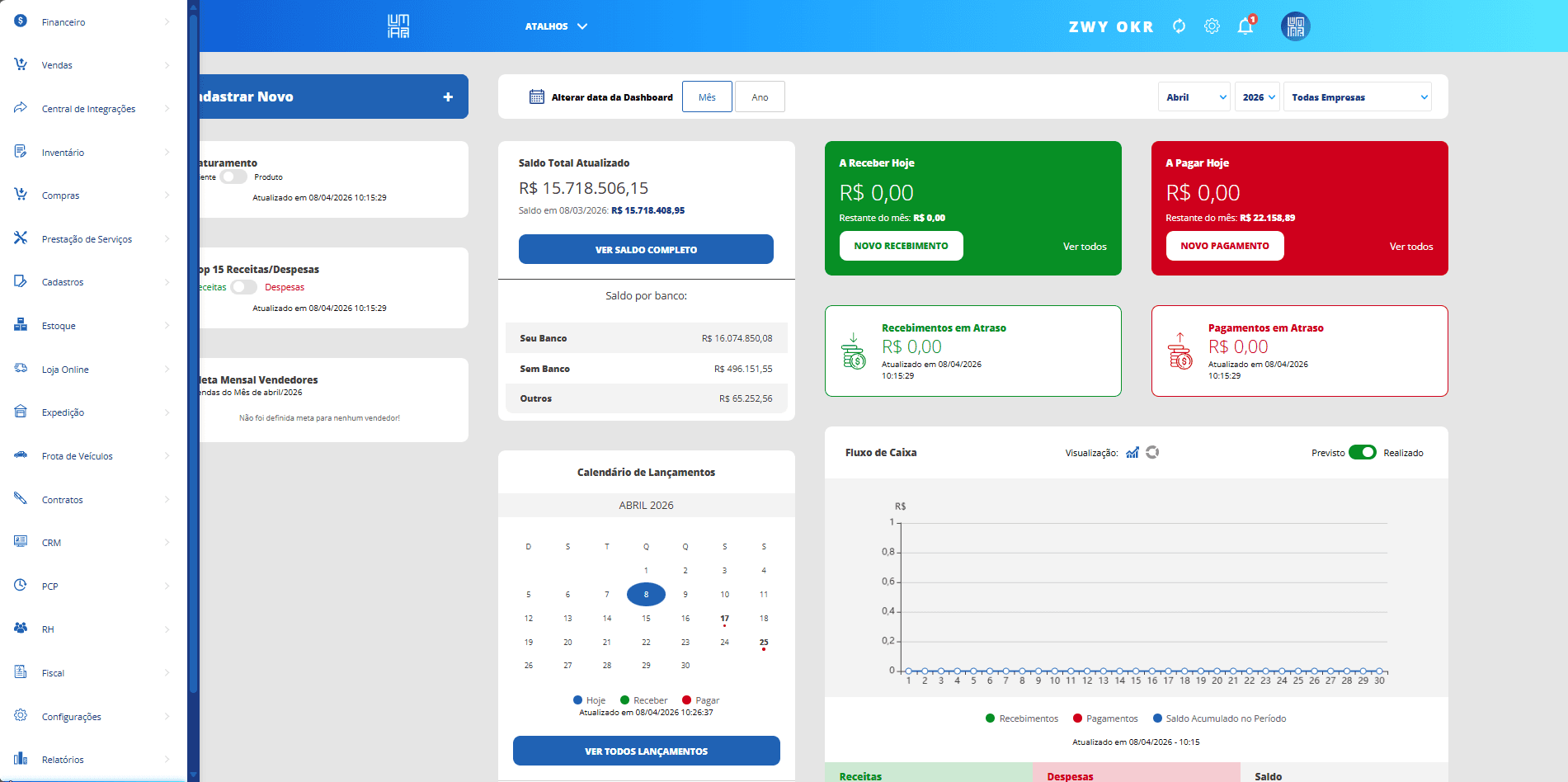 Interface do Lumiar ERP: gestão integrada, dashboards e operação de transformação veicular